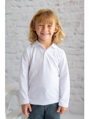 Unisex Çocuk Uzun Kollu Polo Yaka T-Shirt - Beyaz