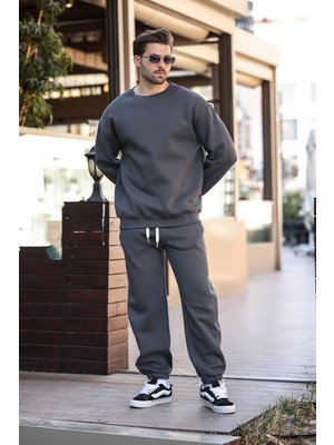 Füme Kahverengi Bisiklet Yaka Basic Eşofman Takımı E7329