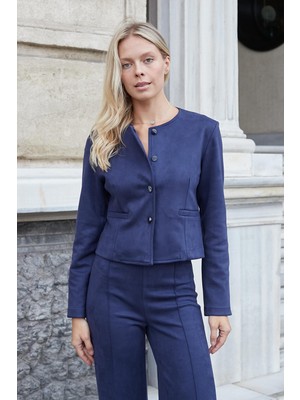 Kadın Esnek Süet Kumaş Sıfır Yaka Flato Cepli Uzun Kol Blazer Ceket-Lacivert