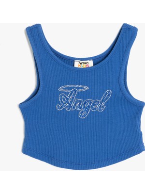 Koton Ribanalı Slogan Baskılı Taş Detaylı Yuvarlak Yaka Pamuklu Atlet