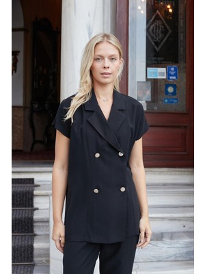 Kadın Ipeksi Modal Kumaş Yakalı Düşük Omuzlu Kruvaze Yelek Ceket-Siyah