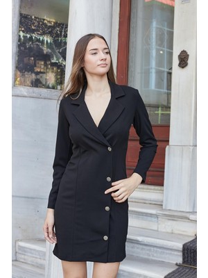 Kadın Likralı Krep Kumaş Yakalı Kruvaze Uzun Kol Diz Üstü Şık Ceket Elbise-Siyah