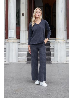 Kadın Simli Kaşkorse Yüksek Bel Yan Cepli Beli Lastikli Bol Paça Pantolon -Lacivert