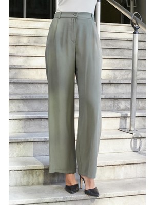 Kadın Ipeksi Modal Yüksek Bel Yan Cepli Pileli Arkası Lastikli Bol Paça Palazzo Pantolon-Haki