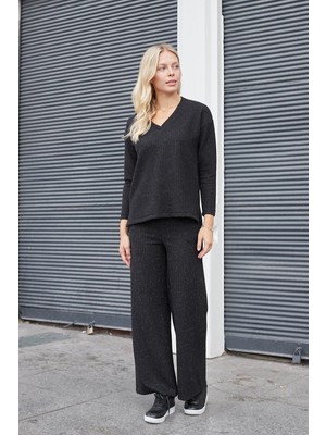 Kadın Simli Kaşkorse Yüksek Bel Yan Cepli Beli Lastikli Bol Paça Pantolon -Siyah