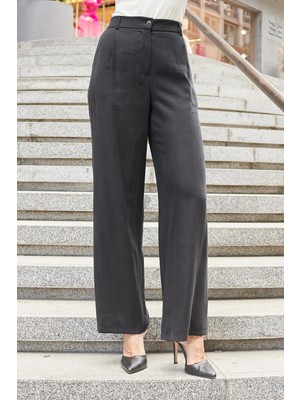 Kadın Ipeksi Modal Yüksek Bel Yan Cepli Pileli Arkası Lastikli Bol Paça Palazzo Pantolon-Siyah