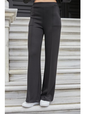 Kadın Ipeksi Esnek Kalın Modal Kumaş Yüksek Bel Önden Dikişli Cepli Bol Paça Palazzo Pantolon-Siyah