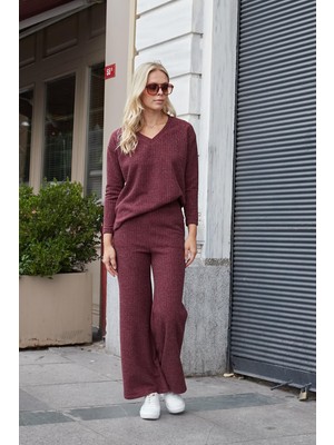 Kadın Simli Kaşkorse Yüksek Bel Yan Cepli Beli Lastikli Bol Paça Pantolon -Bordo