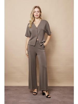 Kadın 1.sınıf Kaliteli Modal Esnek Kumaş Yüksek Bel Önden Dikişli Yan Cepli Bol Paça Palazzo Pantolon-Haki