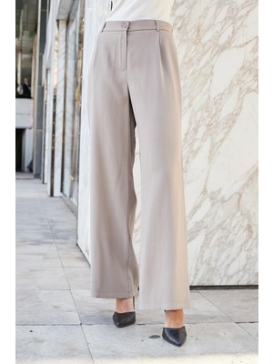 Kadın Ipeksi Modal Yüksek Bel Yan Cepli Pileli Arkası Lastikli Bol Paça Palazzo Pantolon-Vizon