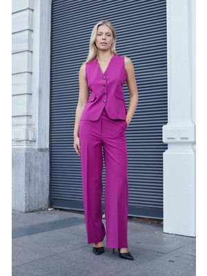 Kadın Yüksek Bel Yan Cepli Bol Paça Rahat Kesim Palazzo Kumaş Pantolon-Magenta