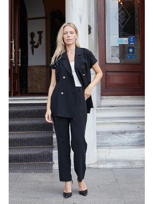 Kadın Ipeksi Modal Kumaş Yüksek Bel Yan Cepli Boru Paça Rahat Kesim Şık Ofis Pantolon-Siyah