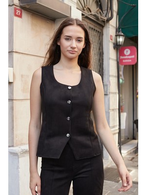 Kadın Likralı Süet Kumaş Balen Yaka Düğmeli Yelek-Siyah