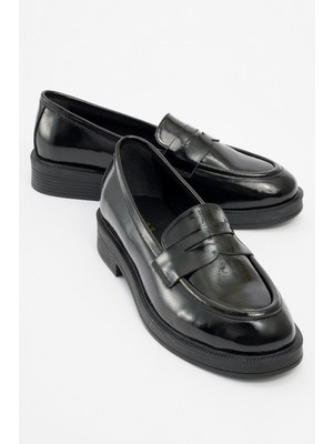 Luvi Pline Siyah Rugan Hakiki Deri Kadın Loafer Ayakkabı