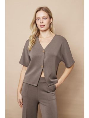 Kadın 1.sınıf Kaliteli Modal Kumaş Düşük Omuzlu V Yaka Düğmeli Hafif Esnek Hırka-Haki