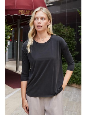 Kadın Kaliteli Modal Esnek Kumaş Geniş Sıfır Yaka Kapri Truvakar Kol Hafif Salaş Bluz-Siyah