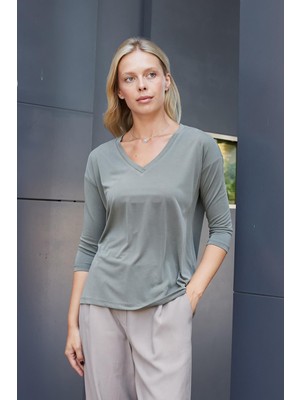 Kadın Kaliteli Modal Esnek Kumaş V Yaka Düşük Omuzlu Kapri Truvakar Kol Hafif Salaş Bluz-Haki