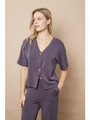 Kadın 1.sınıf Kaliteli Modal Kumaş Düşük Omuzlu V Yaka Düğmeli Hafif Esnek Hırka-Antrasit