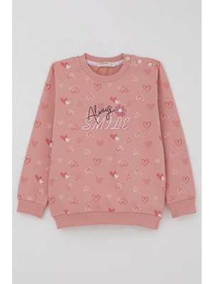 Breeze Kız Çocuk Sweatshirt Kalp Desenli Yazı Baskılı 1.5-5 Yaş, Gülkurusu