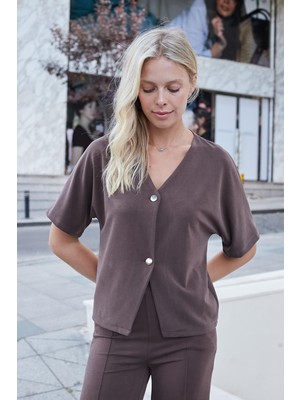 Kadın Ipeksi Esnek Modal Kumaş Düşük Omuzlu V Yaka Düğmeli Ceket Hırka-Kahve