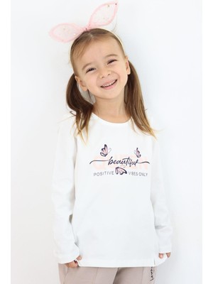 Breeze Kız Çocuk Uzun Kollu Tişört Kelebekli Yazı Baskılı 3-8 Yaş, Ekru