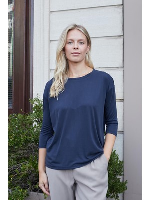 Kadın Kaliteli Modal Esnek Kumaş Geniş Sıfır Yaka Kapri Truvakar Kol Hafif Salaş Bluz-Lacivert