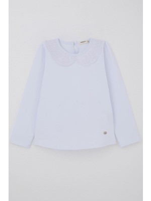 Breeze Kız Çocuk Uzun Kollu Tişört Yaka Kısmı Dantel Detaylı 8-14 Yaş, Kırık Beyaz