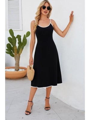 Kadın Ip Askılı Geniş V Yakalı Midi Janjan Krep Elbise