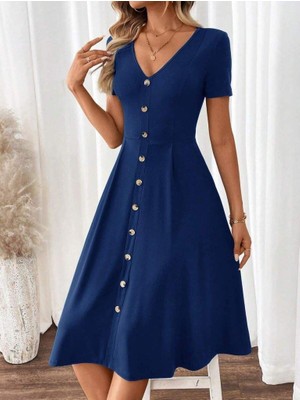 Kadın Kısa Kollu V Yakalı Önden Düğmeli A Kesim Dokuma Elbise