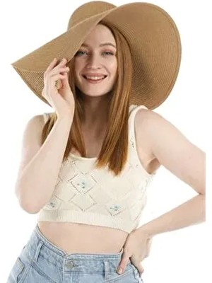 Reva Siyah Biyeli Geniş Kenarlı Camel Hasır Şapka Yaz Mevsiminde Kullanıma Uygun