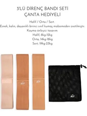 Fitmart 3'lü Egzersiz Fitness Direnç Bandı Direnç Lastiği Hafif Orta Sert Seyahat Çantası Hediyeli
