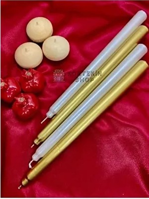 Köktekin Shop Gold Beyaz Renk Sedefli Kokulu Konik Şamdan Mum 4 Adet Kokusuz Özel Set