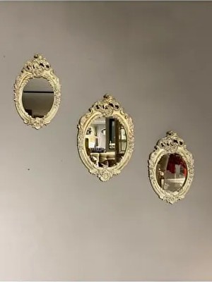 Peramari Dekoratif Üçlü King Ayna Takımı Poliresin Krem-Eskitme Yuvarlak Tasarım