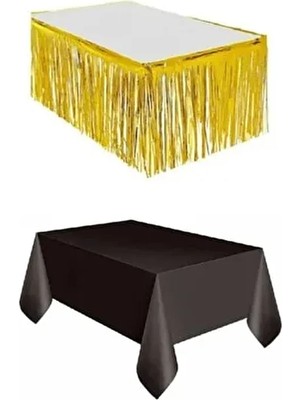 Gold Metalize Masa Eteği + Plastik Siyah Masa Örtüsü