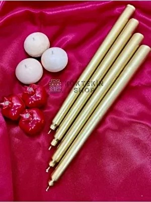Köktekin Shop 4'lü Gold Varaklı Altın Renk Silindir Konik Şamdan Mumu Kokusuz Uzun İnce