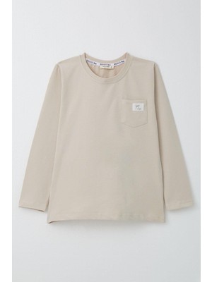 Breeze Erkek Çocuk Uzun Kollu Tişört Cool Yazı Armalı Cepli 4-8 Yaş, Bej
