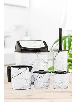 Okacih Banyo Seti Beyaz Mermer Desen 5 Parça Plastik Çöp Kovası Tuvalet Fırçası Sabunluk Diş Fırçalık