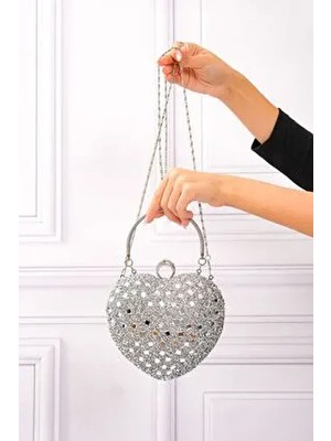 Kadın Kalpli Taşlı Gümüş Abiye Çanta