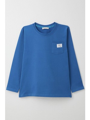 Breeze Erkek Çocuk Uzun Kollu Tişört Cool Yazı Armalı Cepli 4-8 Yaş, Saks Mavisi