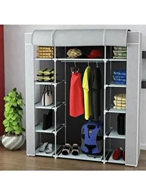 Pormet Çift Yandan Raflı Bez Dolap Güçlendirilmiş Pvc Profil Kaliteli Gri