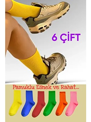 Esinti Renkli Desenli Unisex Soket Çorap 6 Parça Pamuklu Esnek ve Rahat Kullanım İçin Düz Tasarım