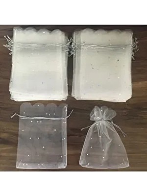 Aker Hediyelik Aker 25’li Kırık Beyaz Organze Pullu Çerez Kesesi 12x14 cm 25 Adet Şık Tül Kese