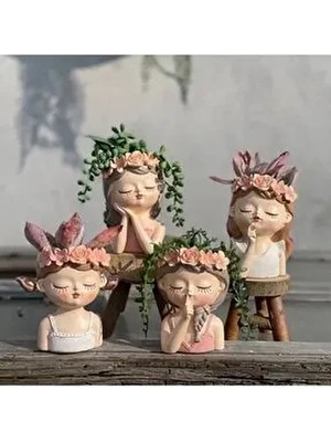 Dekoratif 4'lü Sevimli Kızlar Sukulent ve Kaktüs Saksı Seti