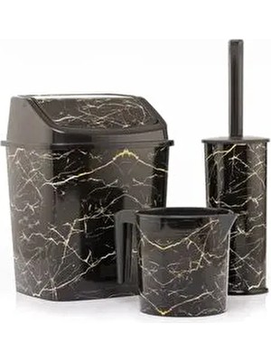 Okacih Siyah Mermer Desenli Banyo Seti 3'lü Set Kokusuz Plastik Çöp Kovası Tuvalet Fırçası Maşrapa