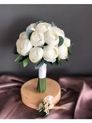 Yeni Sezon Kırık Beyaz Şakayık Gelin Buketi- Gelin Çiçeği-Damat Yaka Çiçeği 2 Li Set