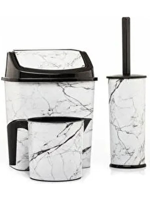 Okacih Banyo Seti Beyaz Mermer Desenli 3'lü Set Kokusuz Plastik Çöp Kovası Tuvalet Fırçası Maşrapa