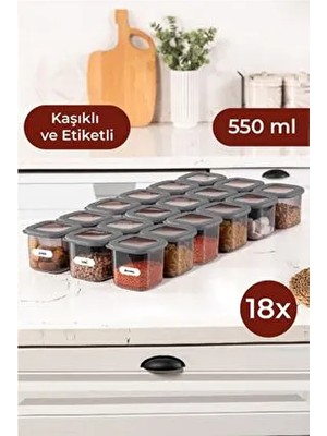 Etiketli Kaşıklı Foly Kare Erzak Saklama Kabı Seti 18LI 0,55 Küçük Boy Antrasit