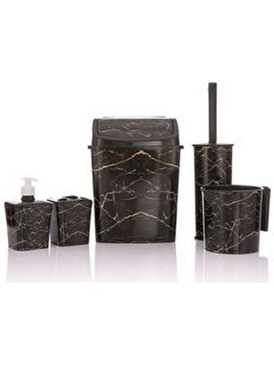 Okacih Banyo Seti 5'li Siyah Mermer Desenli Plastik Çöp Kovası Tuvalet Fırçası Sabunluk Fırçalık Modern Stil