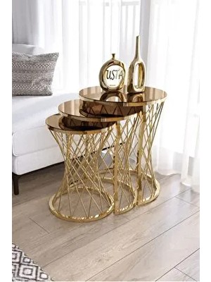 Hasır Telli Zigon Sehpa Gold-Bronz (Iç Içe Geçen)