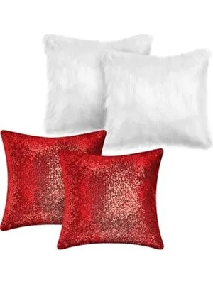 4 Parça Kırmızı Peluş ve Payetli Kırlent Kılıfı 45 x 45 cm Modern Stil Mikro Petek Kumaş